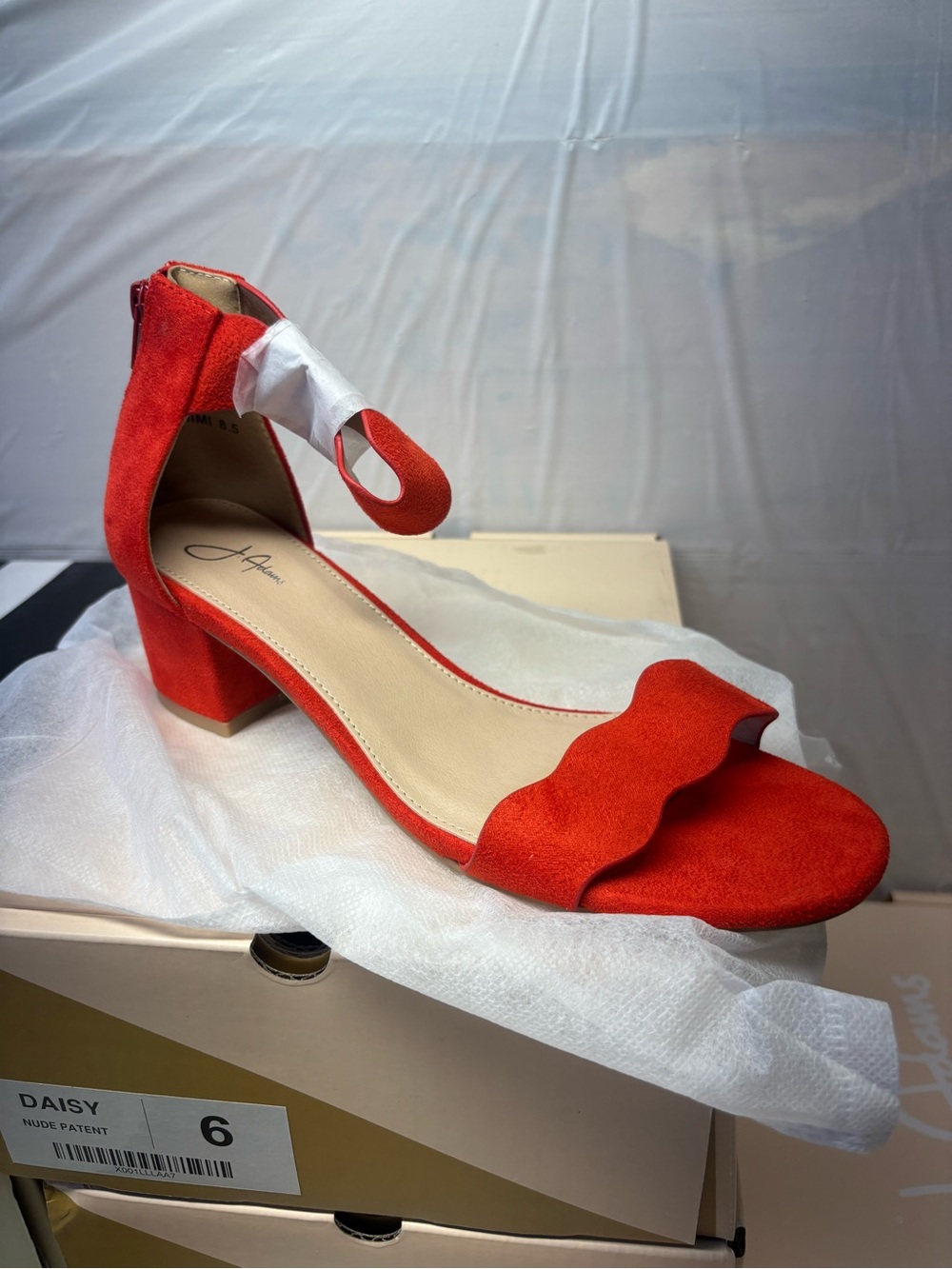 Daisy Scallop Front Ankle-Strap Block Heel in Red